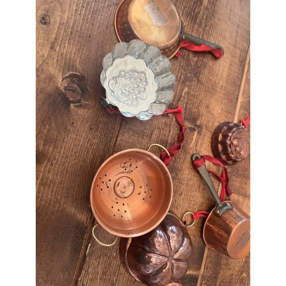 Set 8 Vintage Copper Kitchen Christmas Ornaments Colander Heart Pan Skillet Pots
